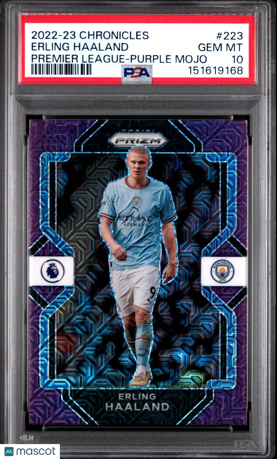 2022-23 Panini Chronicles Erling Haaland Premier League Purple Mojo PSA 10