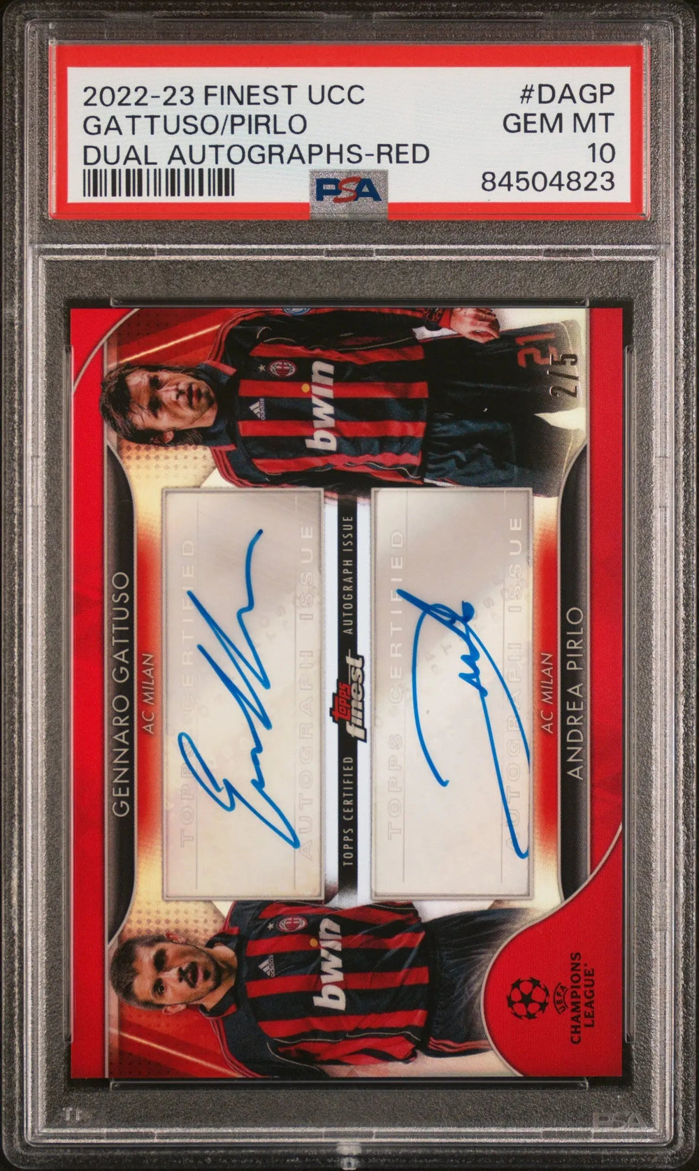 2022-23 Topps Finest UEFA CC Red Refractor Dual Auto Gattuso Pirlo /5 PSA 10