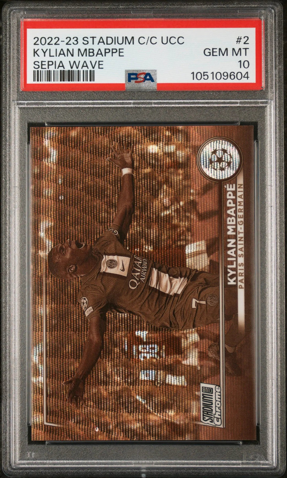 2022-23 Topps Stadium Club Chrome UCC Kylian Mbappe Sepia Wave PSA 10 /75