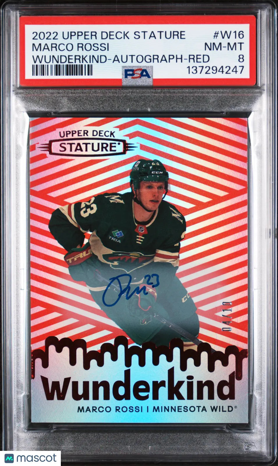 2022-23 Upper Deck Stature Wunderkind Red Auto Marco Rossi #W16 /10 PSA 8