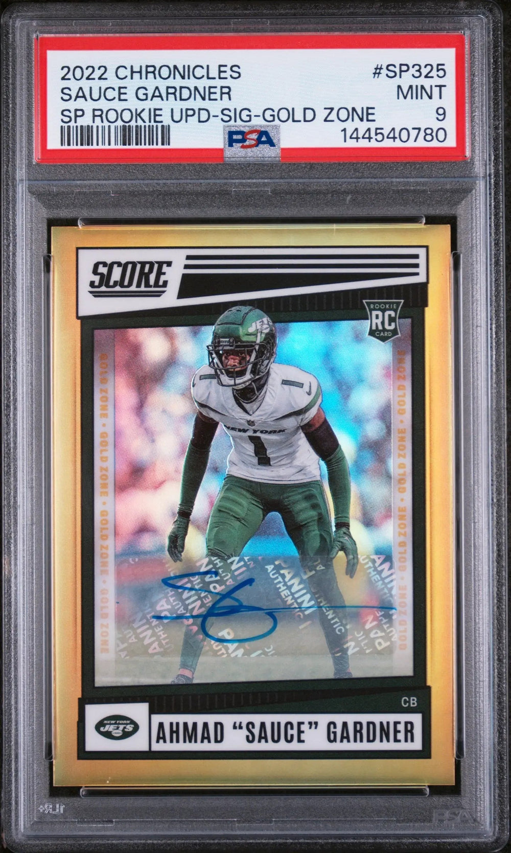 2022 Panini Chronicles Score Gold Zone Rookie Auto Sauce Gardner /50 PSA 9