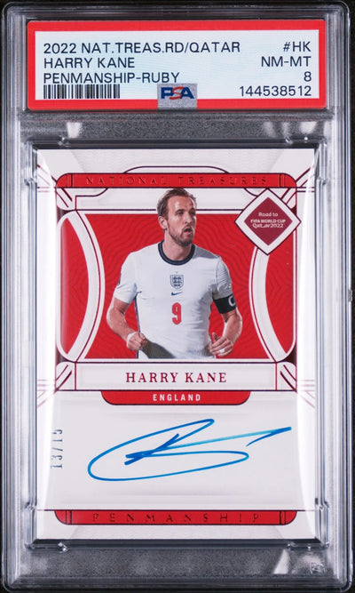 2022 Panini National Treasure FIFA RTQ Ruby Penmanship Auto Harry Kane /15 PSA 8