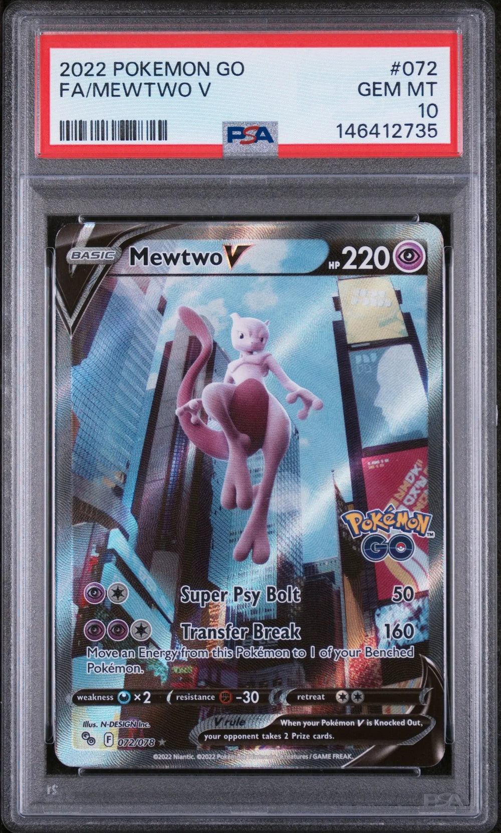 2022 Pokemon Go Mewtwo V Full Art PSA 10 72/78