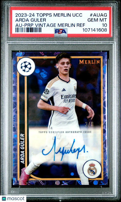 2023-24 Topps Merlin UCC Auto Arda Guler Purple Vintage Refractor /8 PSA 10