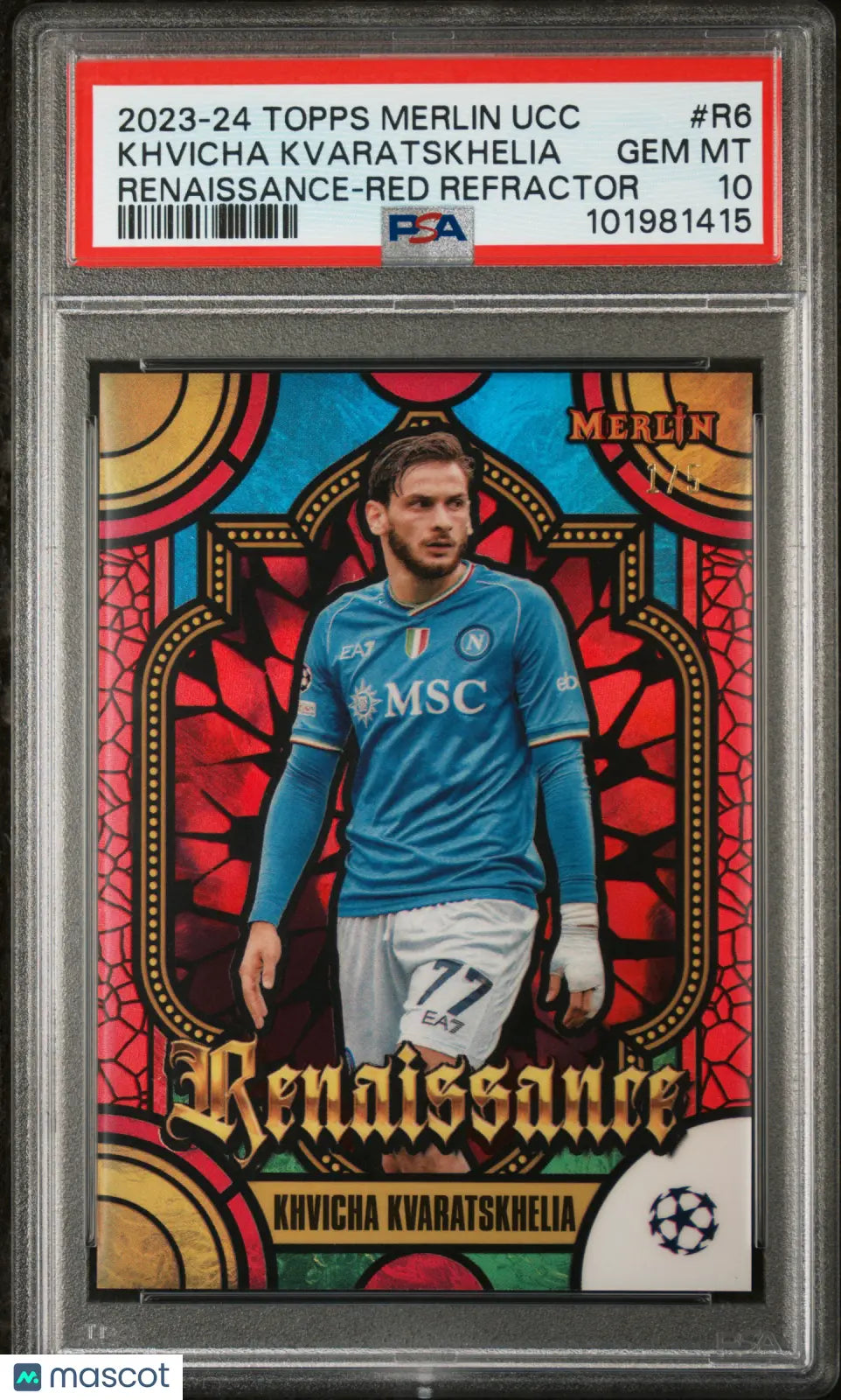 2023-24 Topps Merlin UCC Renaissance Khvicha Kvaratskhelia Red Refractor PSA 10