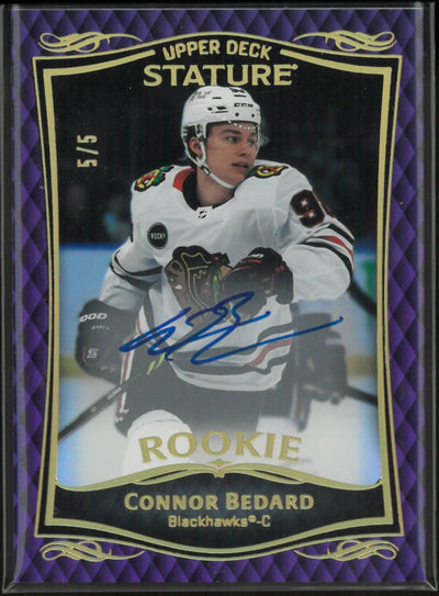 2023-24 Upper Deck Stature Hockey Connor Bedard RC Rookie Purple Auto 5/5