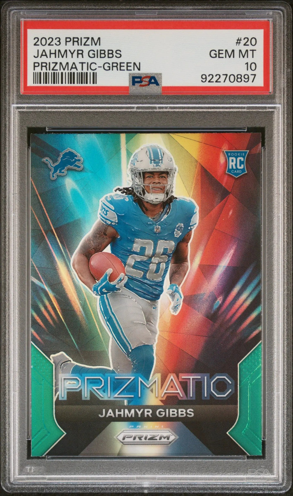2023 Panini Prizm Prizmatic Jahmyr Gibbs RC Rookie Green PSA 10