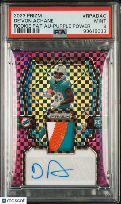 2023 Prizm Football Rookie Patch Auto De’Von Achane RC Purple Power PSA 9 /49
