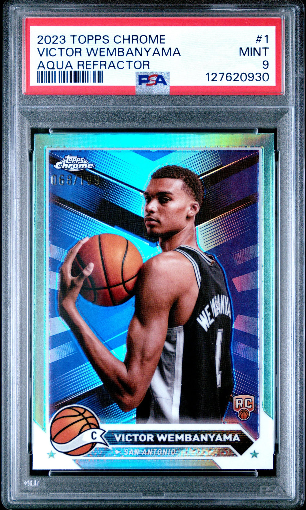 2023 Topps Chrome Victor Wembanyama RC Rookie Aqua Refractor /199 PSA 9