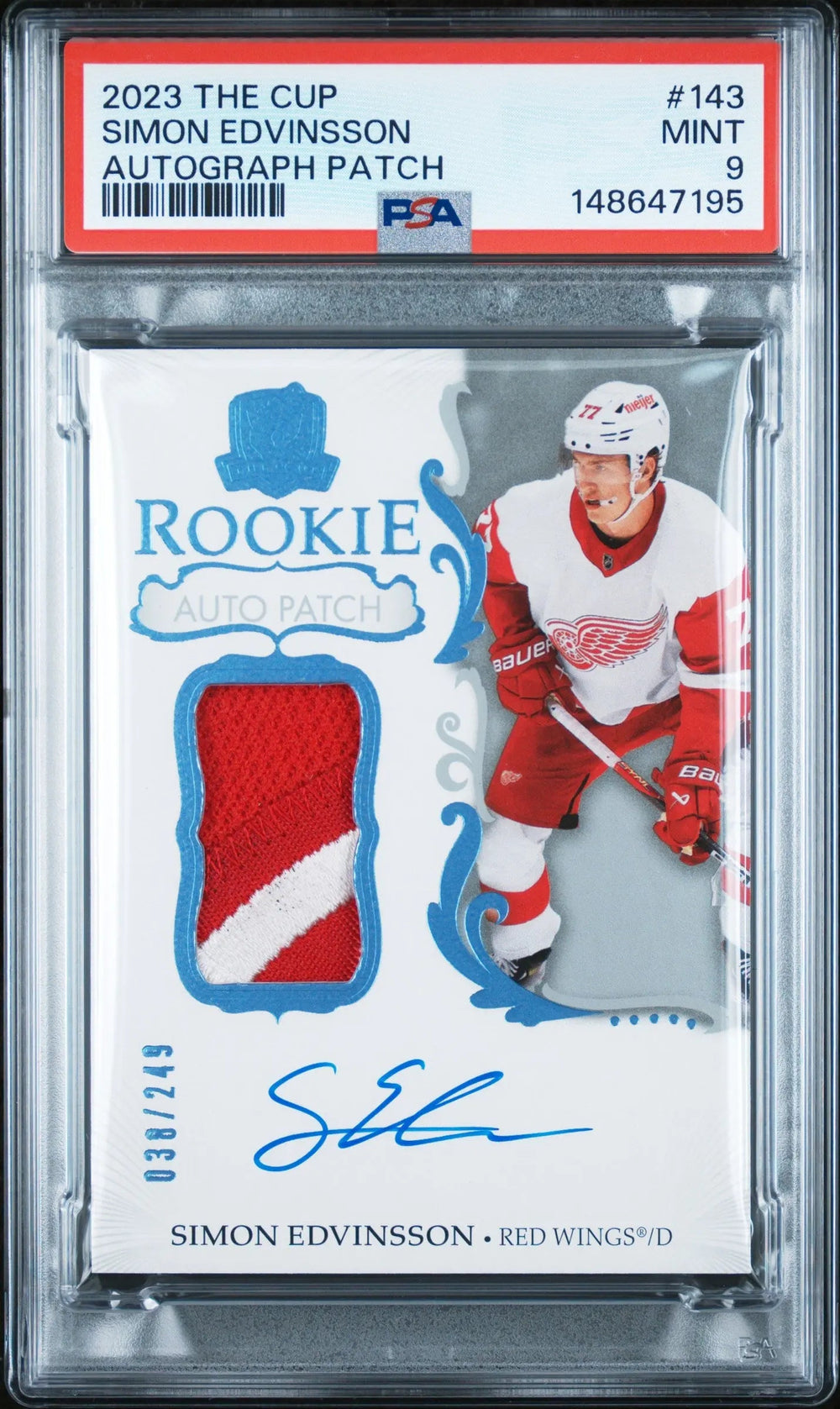 2023 Upper Deck The Cup Simon Edvinsson RC Rookie Auto Patch /249 PSA 9