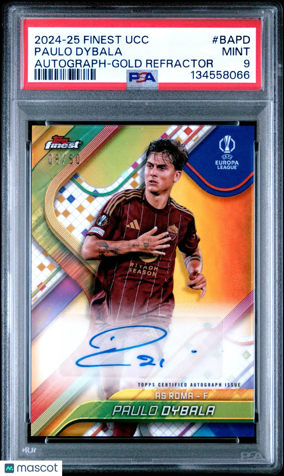 2024-25 Topps Finest UEFA Club Competitions Auto Paulo Dybala Gold Ref /50 PSA 9