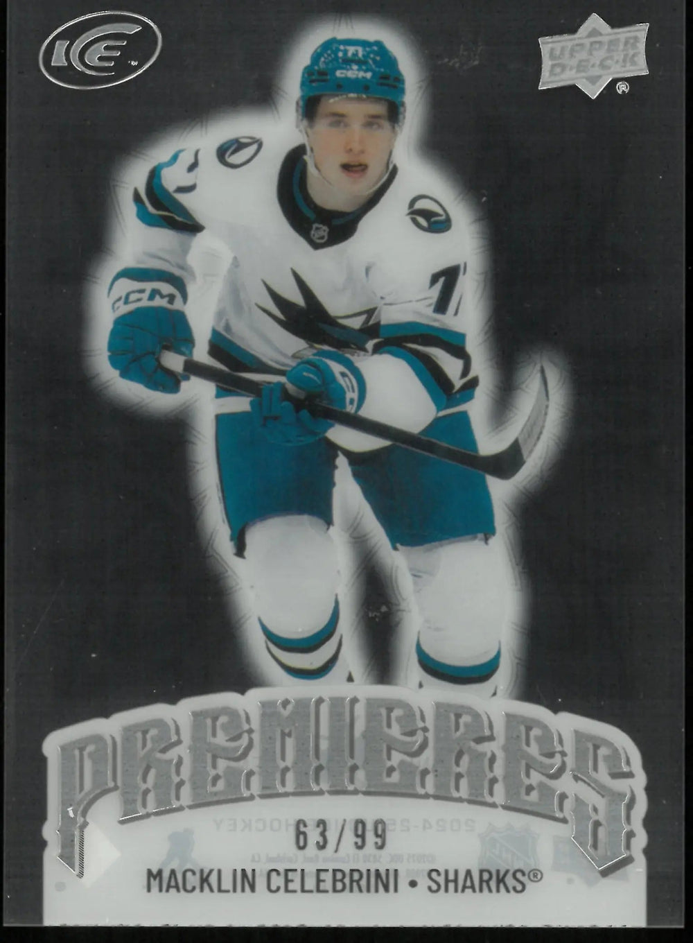2024-25 UD Ice Hockey Macklin Celebrini RC Rookie Premiers Clear Cut /99