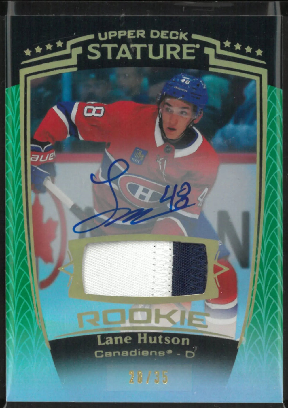2024-25 Upper Deck Stature Rookie Patch Autograph Lane Hutson Auto Green /35 RC