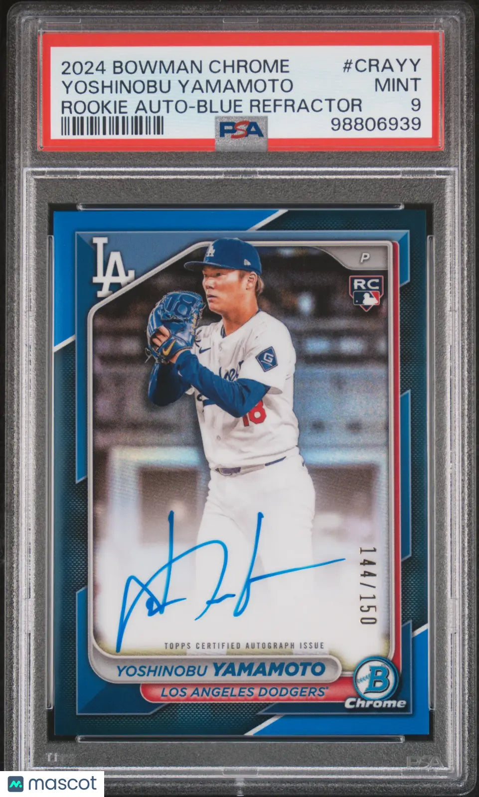 2024 Bowman Chrome RC Rookie Auto Yoshinobu Yamamoto Blue Refractor /150 PSA 9