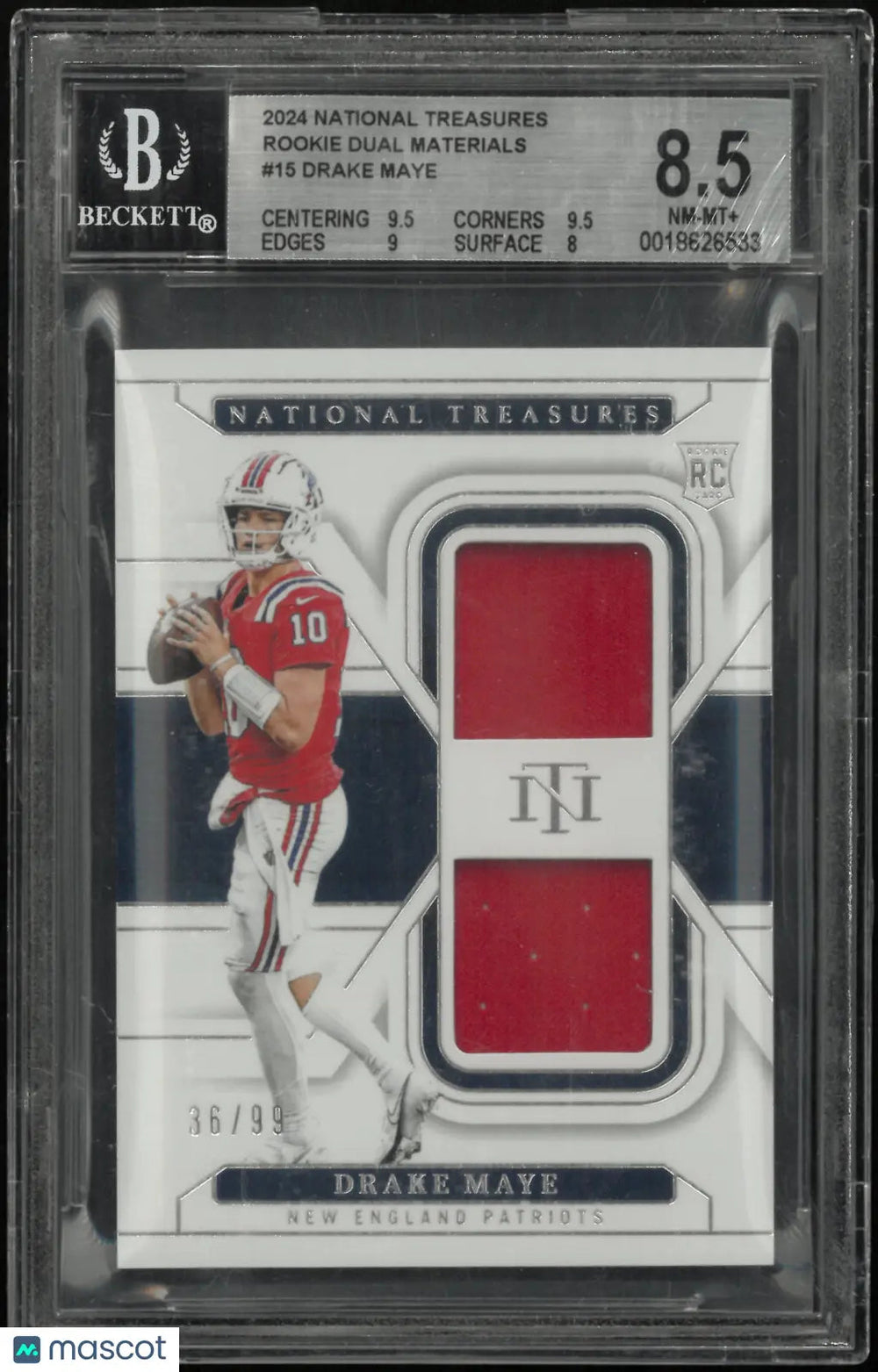 2024 Panini National Treasures Rookie Dual Materials Drake Maye RC /99 BGS 8.5