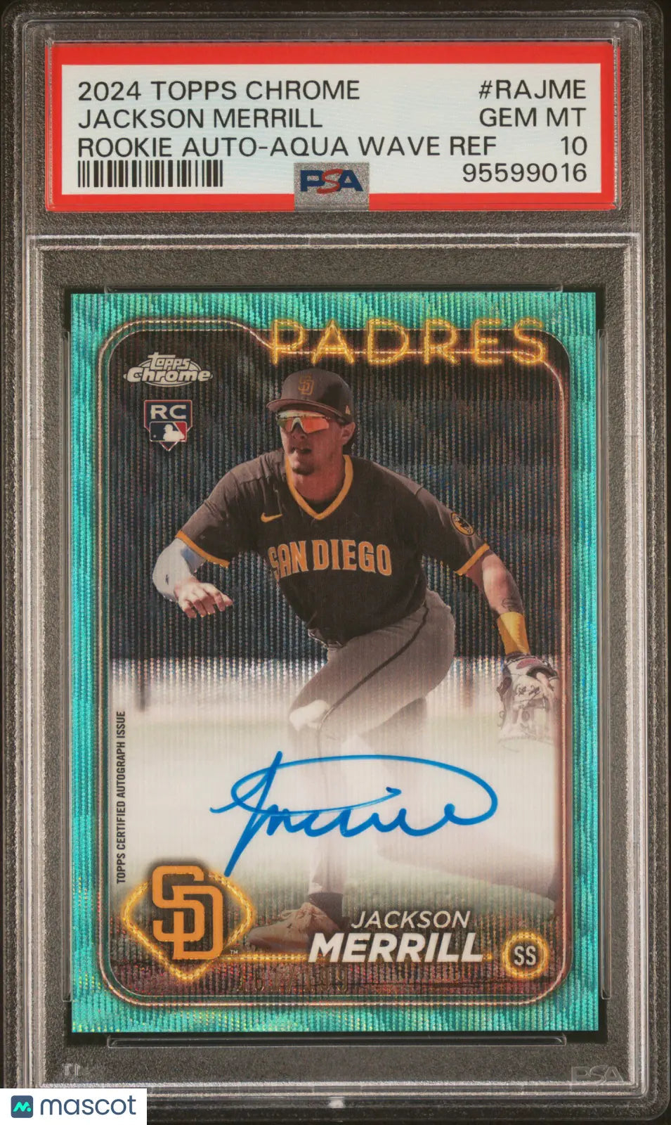 2024 Topps Chrome Rookie RC Jackson Merrill Auto Aqua Wave RC /199 PSA 10