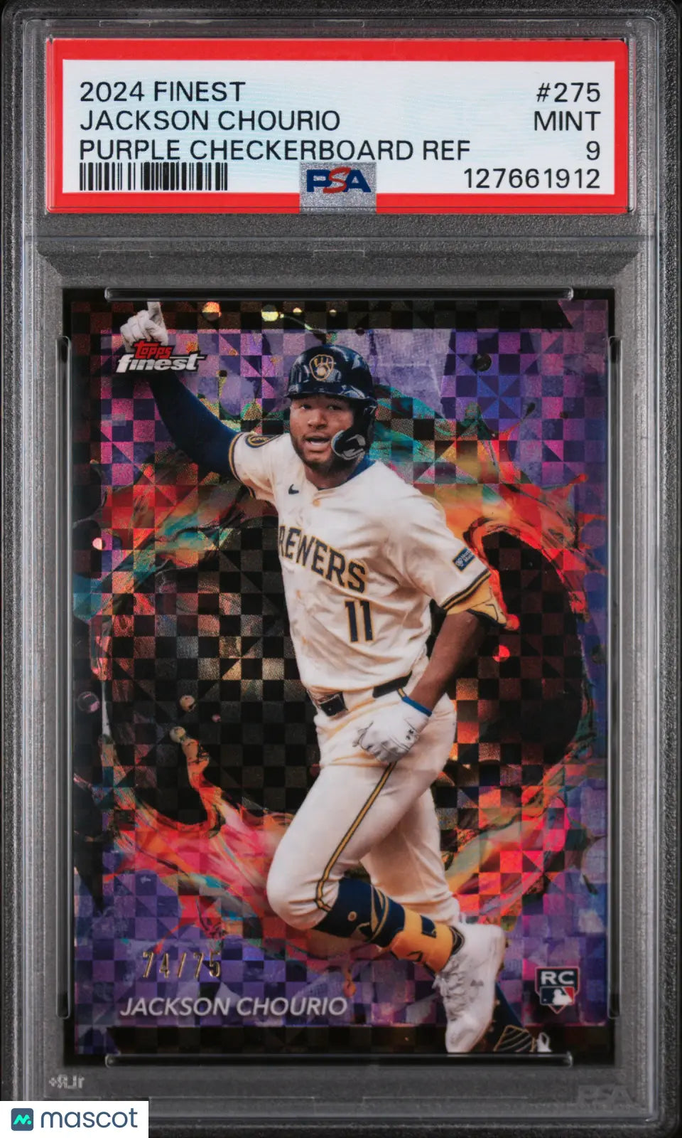 2024 Topps Finest Jackson Chourio #275 Purple Checkerboard Ref 74/75 PSA 9