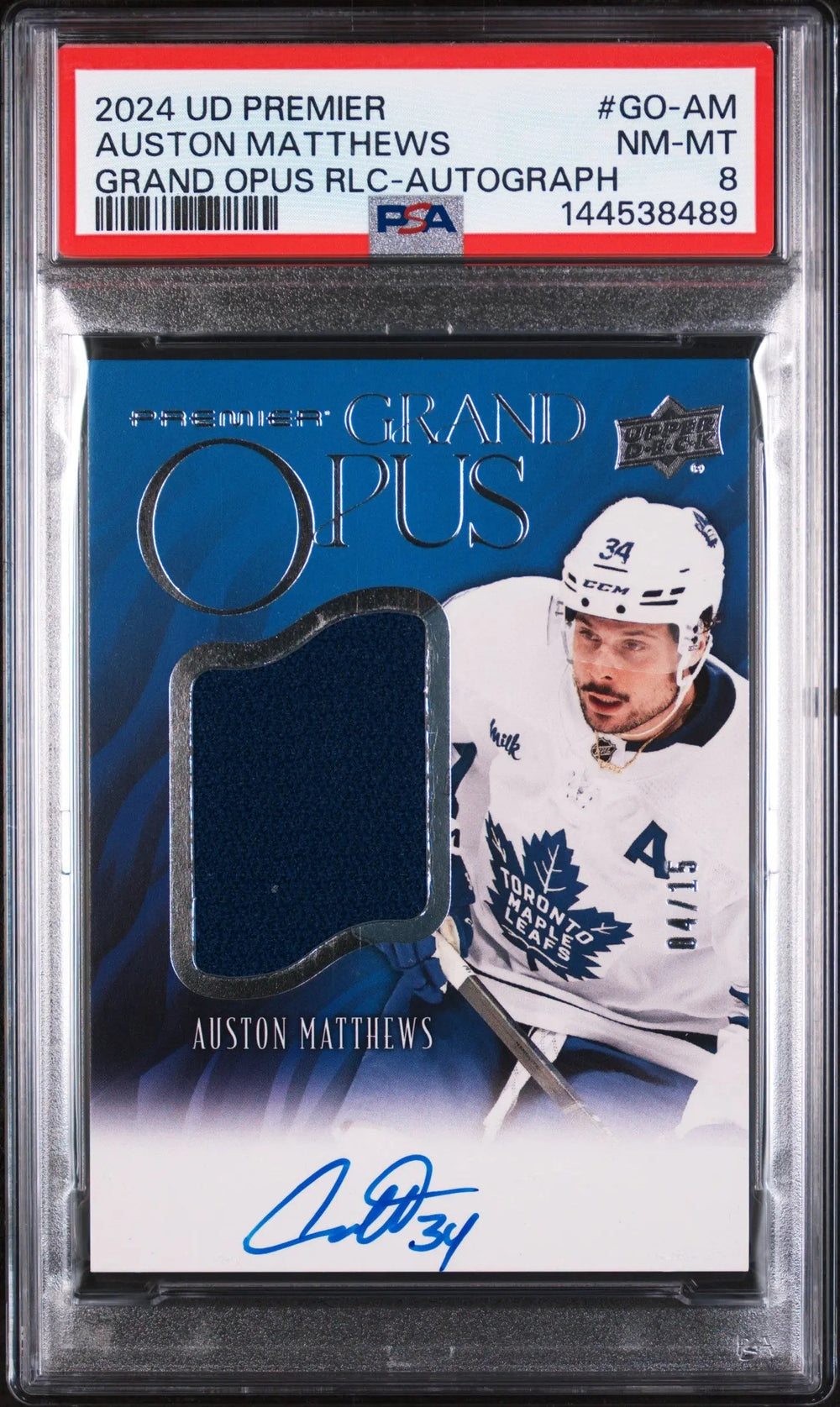 2024 Upper Deck Premier Grand Opus Relics Patch Auto Auston Matthews /15 PSA 8