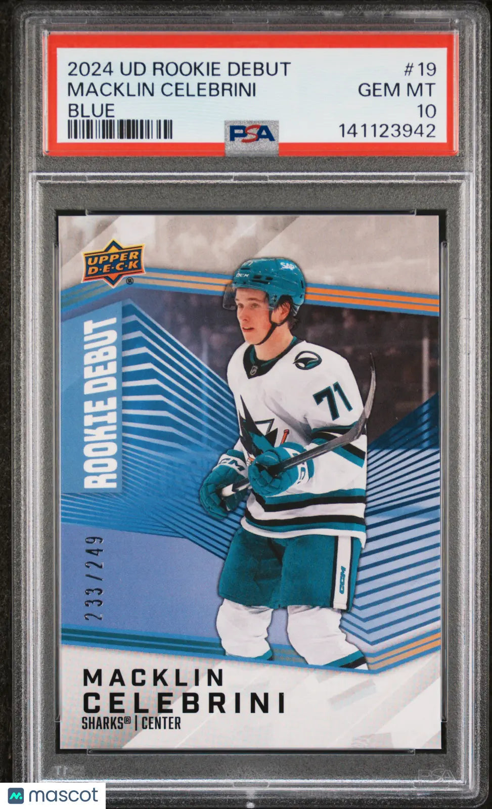 2024 Upper Deck Rookie Debut Macklin Celebrini #19 Blue /249 RC PSA 10