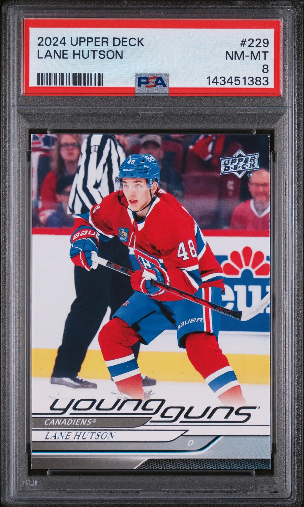 2024 Upper Deck Series 1 Hockey Young Guns Rookie Lane Hutson #229 PSA 8