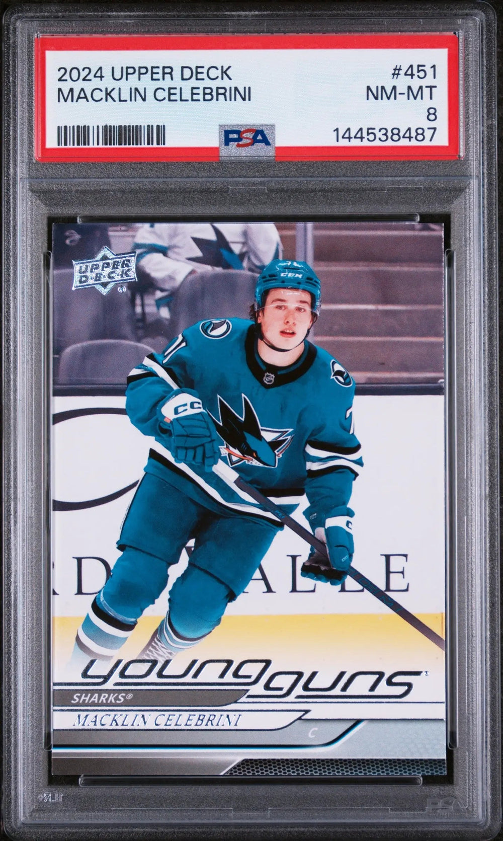 2024 Upper Deck Series 2 Hockey Young Guns Rookie Macklin Celebrini #451 PSA 8