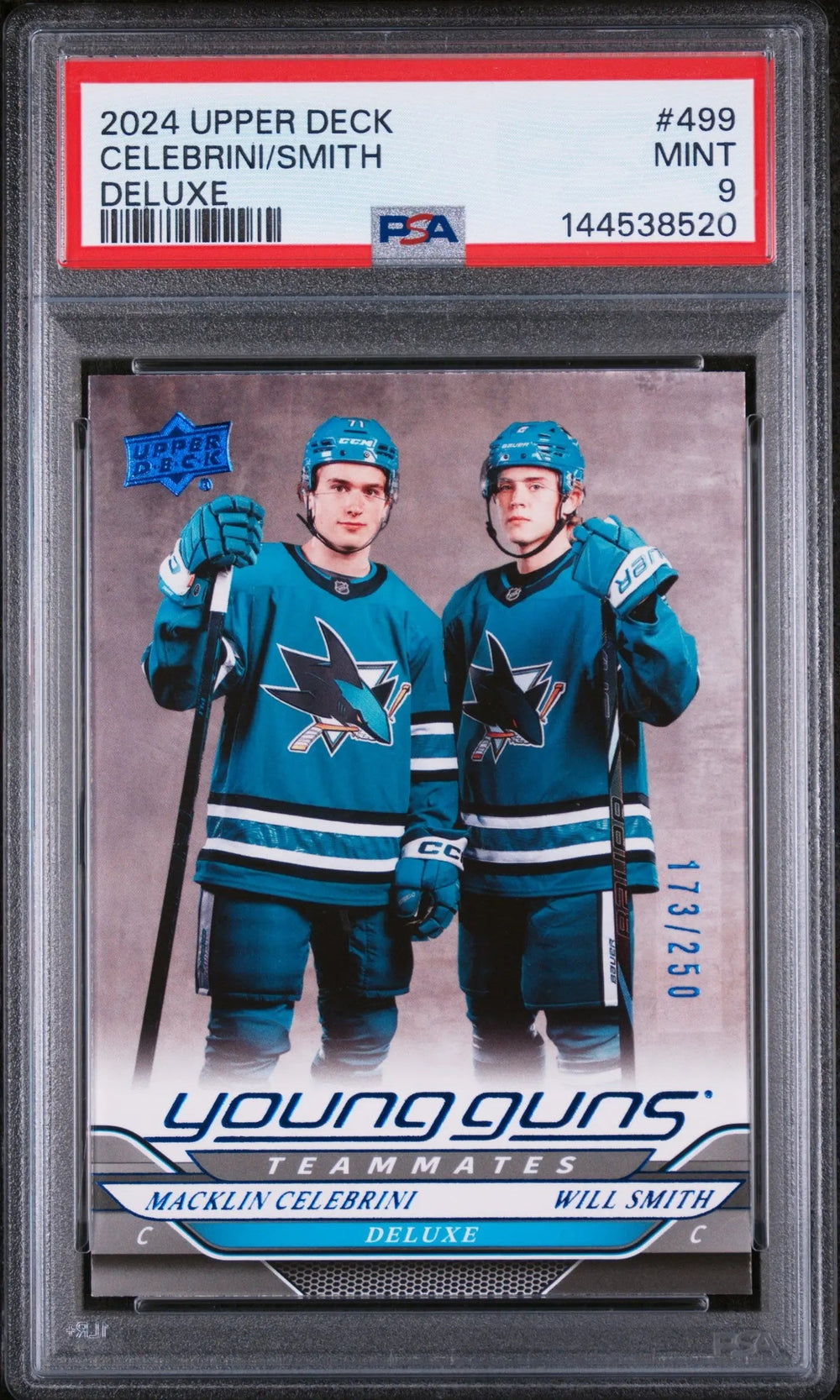 2024 Upper Deck Series 2 Young Guns Rookie Celebrini/Smith Deluxe /250 RC PSA 9
