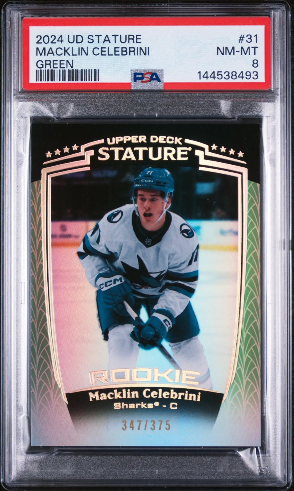 2024 Upper Deck Stature Green Rookie Macklin Celebrini #31 /375 PSA 8