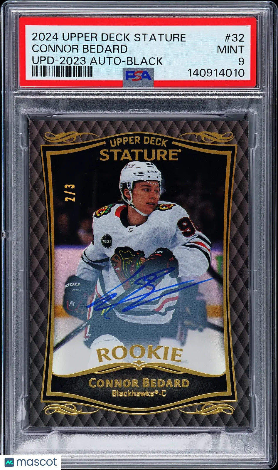 2024 UD Stature Update Connor Bedard 2023 Autograph Black 2/3 PSA 9 RC