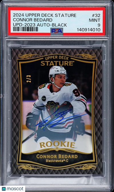 2024 UD Stature Update Connor Bedard 2023 Autograph Black 2/3 PSA 9 RC