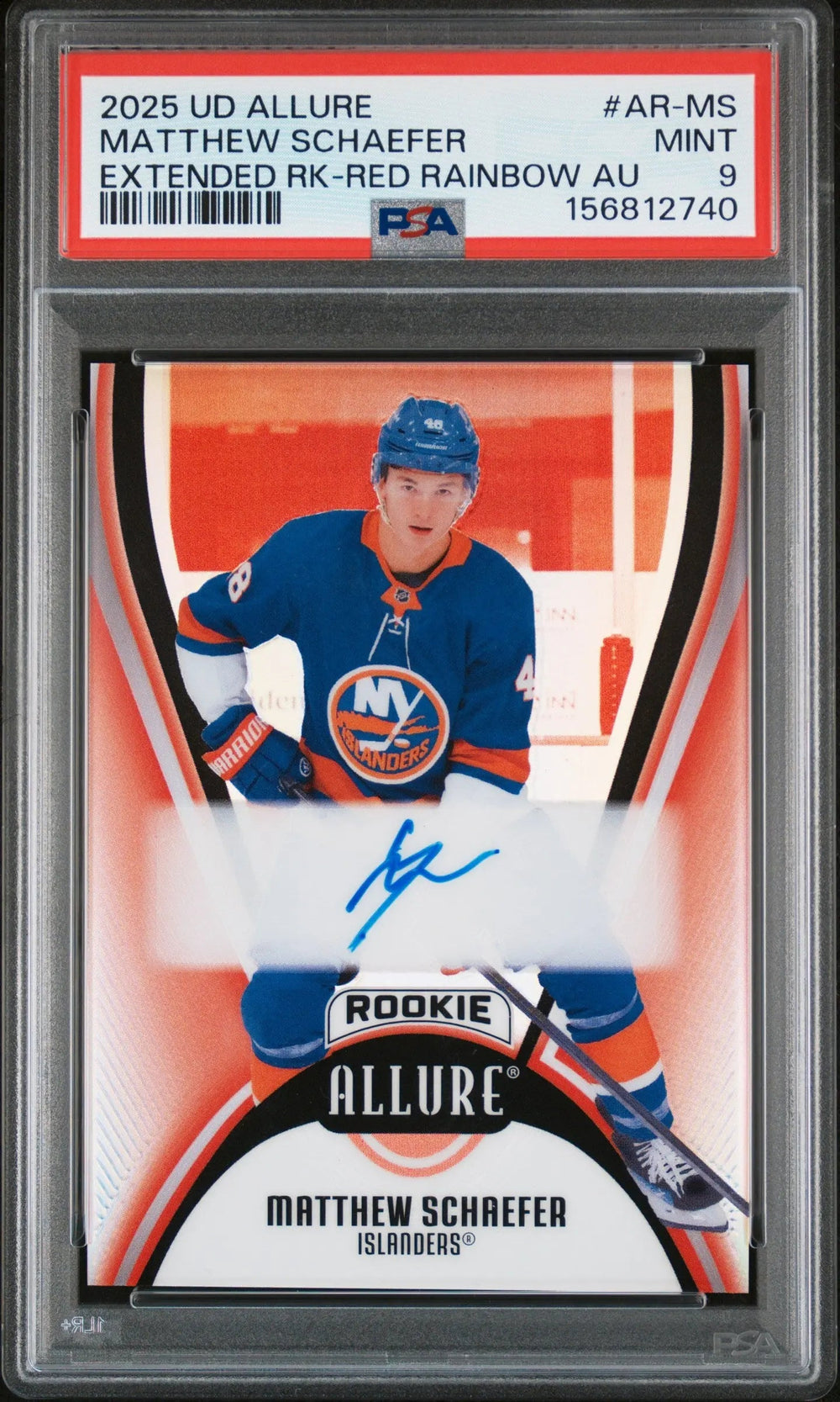 2025-26 UD Allure Extended Matthew Schaefer RC Rookie Auto Red Rainbow PSA 9