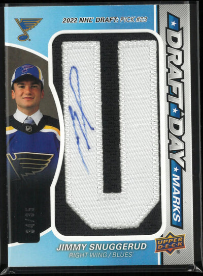 2025-26 UD SP Game Used Draft Day Marks Autograph Rookie Jimmy Snuggerud /35 RC