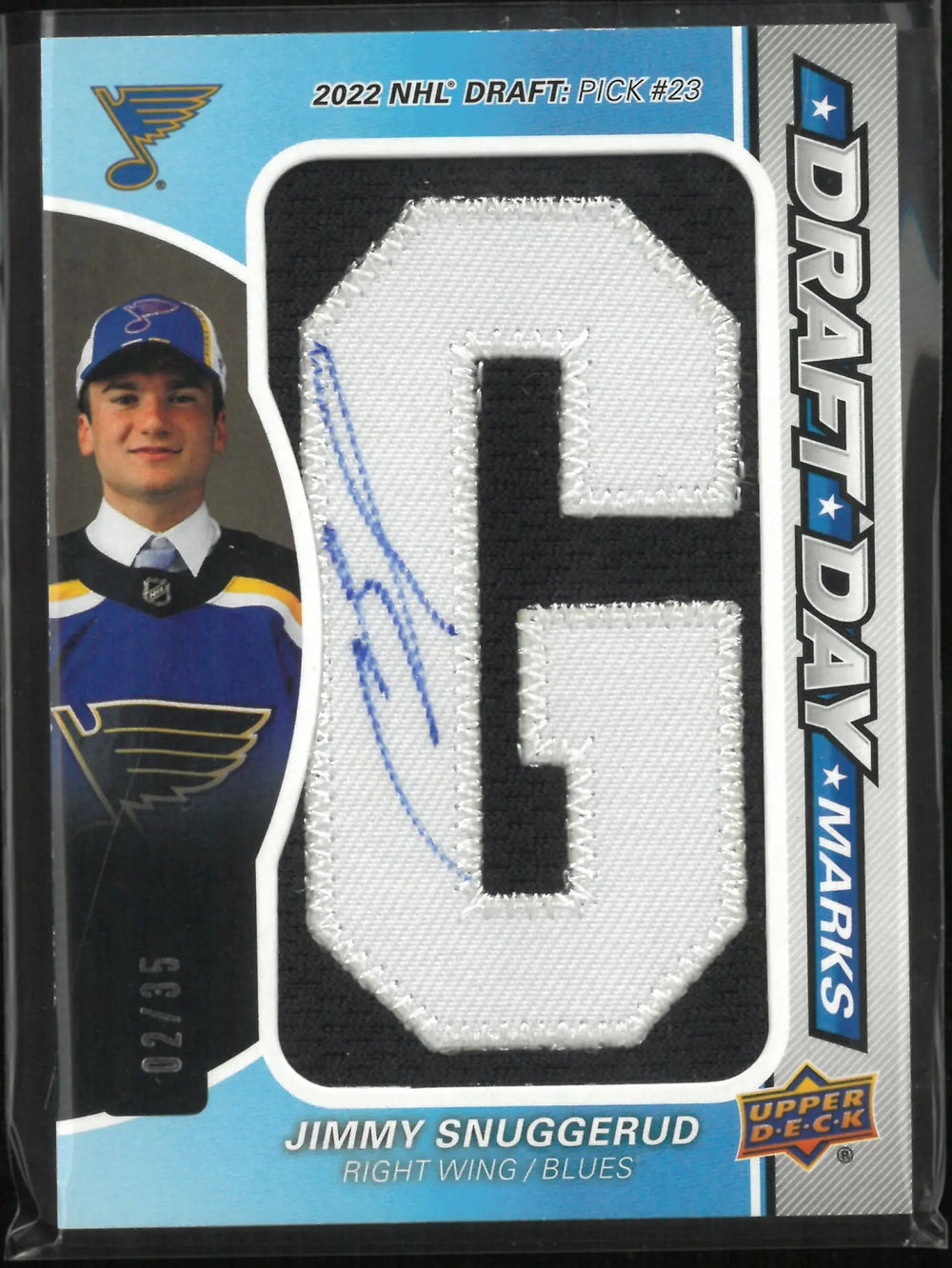 2025-26 UD SP Game Used Draft Day Marks Letters Jimmy Snuggerud Auto Patch /35
