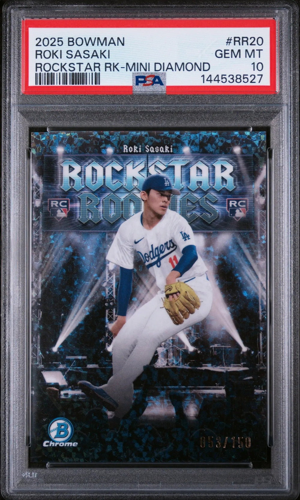 2025 Bowman Rockstar Rookies RC Roki Sasaki Rock Star Mini Diamond /150 PSA 10