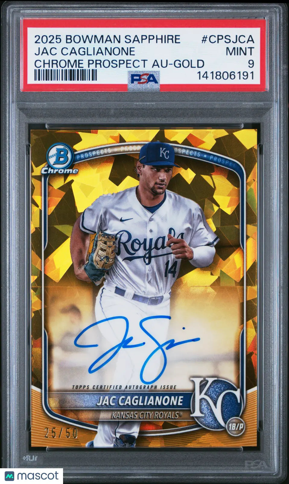 2025 Bowman Sapphire Chrome Prospects Rookie Auto Jac Caglianone Gold /50 PSA 9