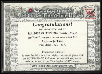 2025 Historic Autograph POTUS: The White House Written Word Relic Andrew Jackson President