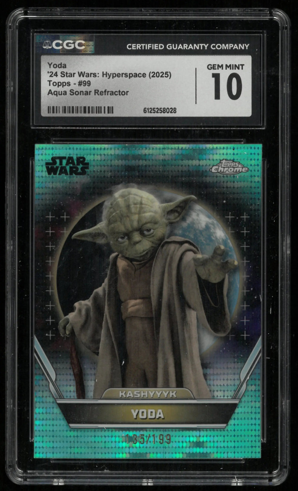 2025 Topps Star Wars Hyper Space Yoda Aqua Sonar Refractor /199 CGC 10