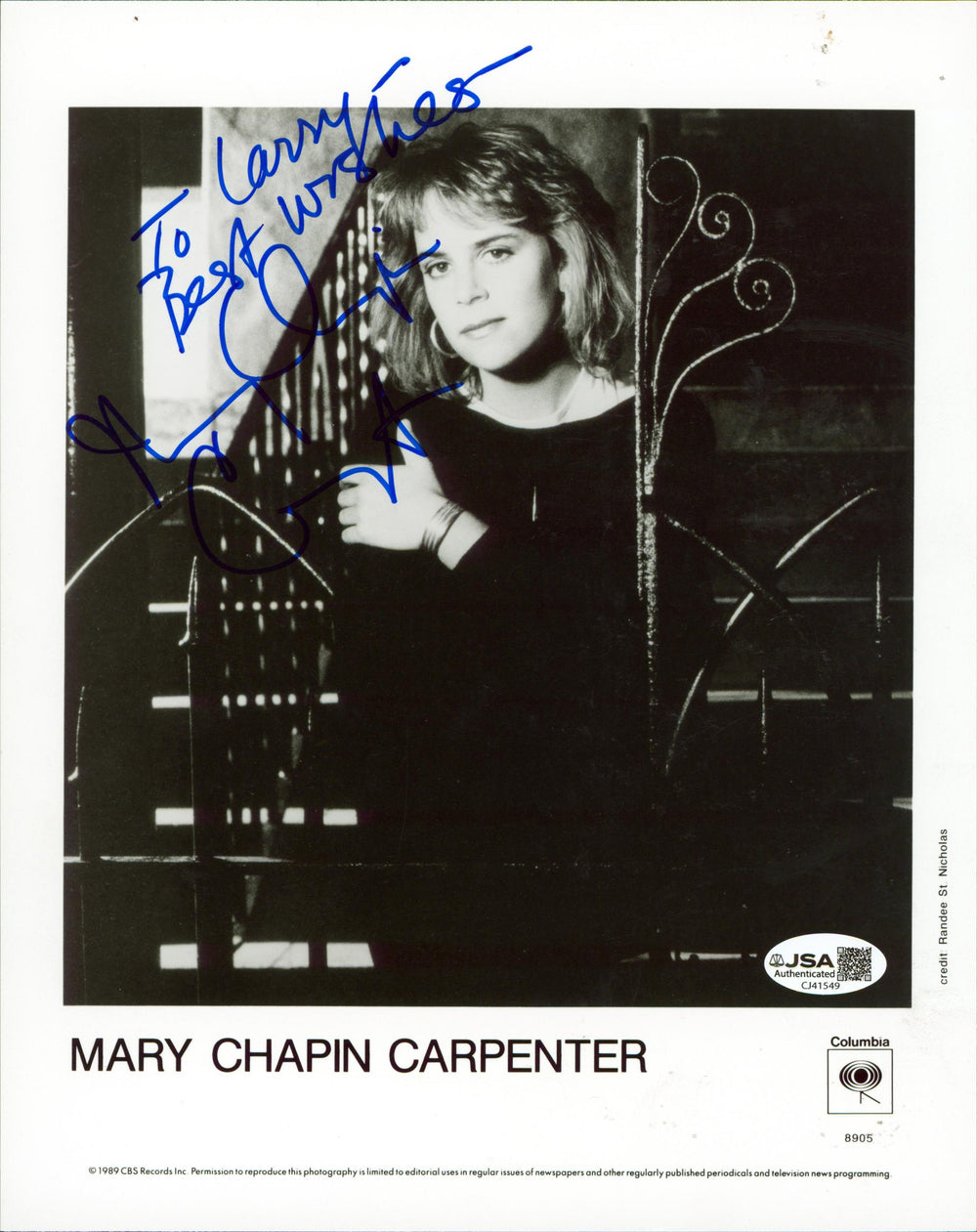 Mary Chapin Carpenter Musician "Best Wishes" Signed 8x10 Photo JSA #CJ41549