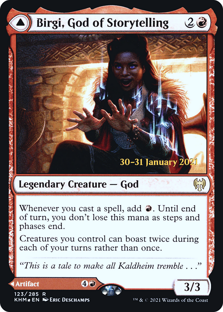 Birgi, God of Storytelling // Harnfel, Horn of Bounty (PRE-123S) - Kaldheim Promos Foil