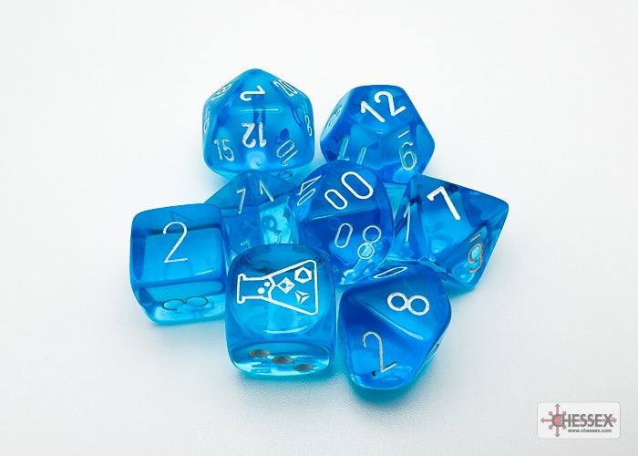 Chessex Lab Dice Translucent Tropical Blue / White 8 Dice Set 30063
