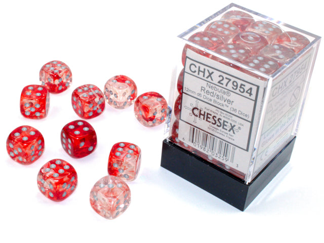 Chessex Nebula Dice - 36 x D6 - 12mm - Red/Silver Luminary