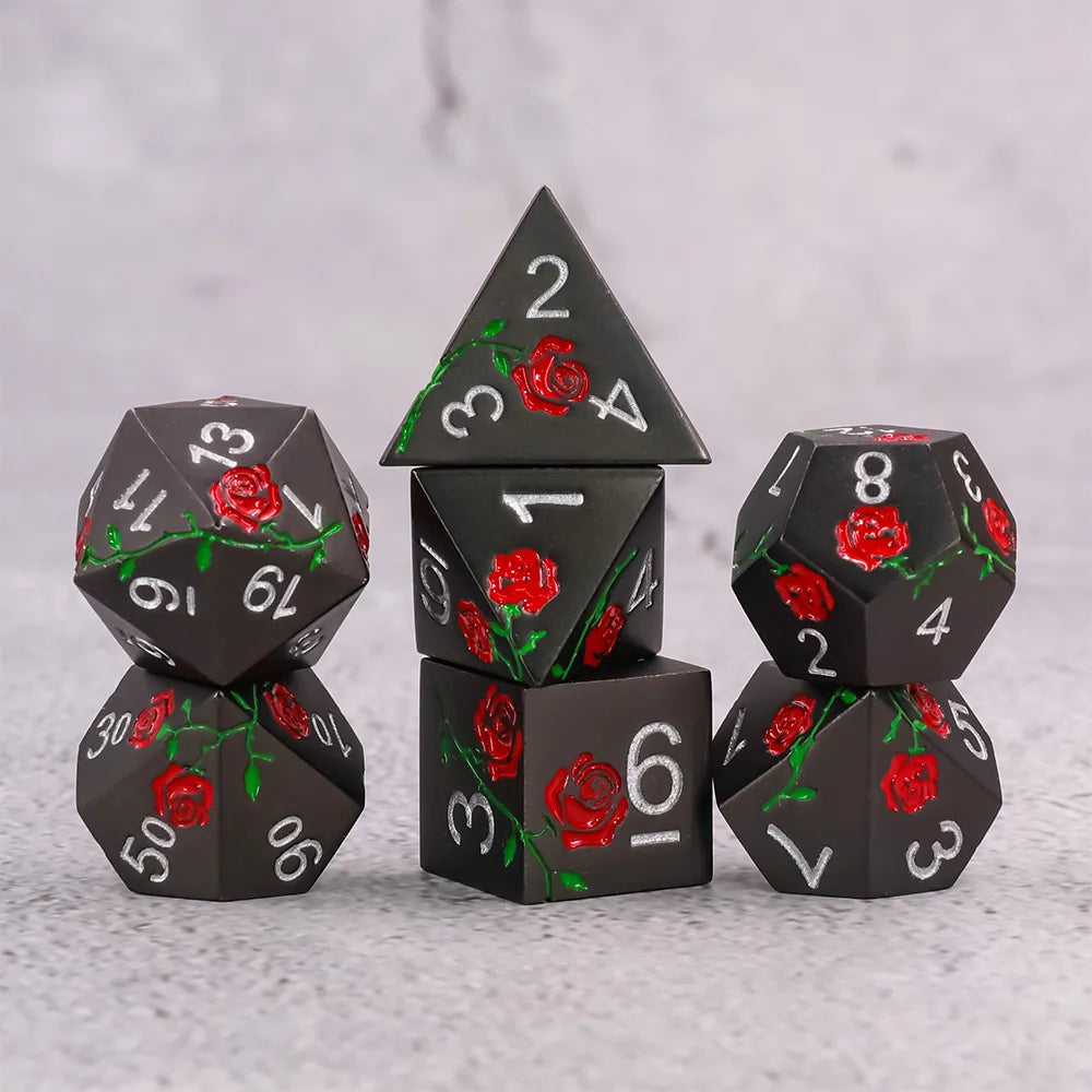 Red Rose Matte Black Metal Dice Set