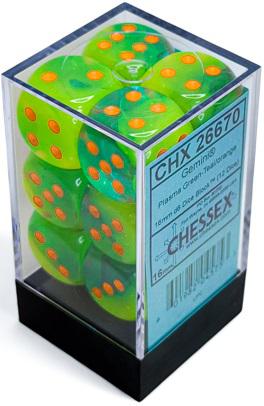 Chessex Gemini Luminary Dice - 12 x D6 - 16mm - Plasma Green-Teal/Orange