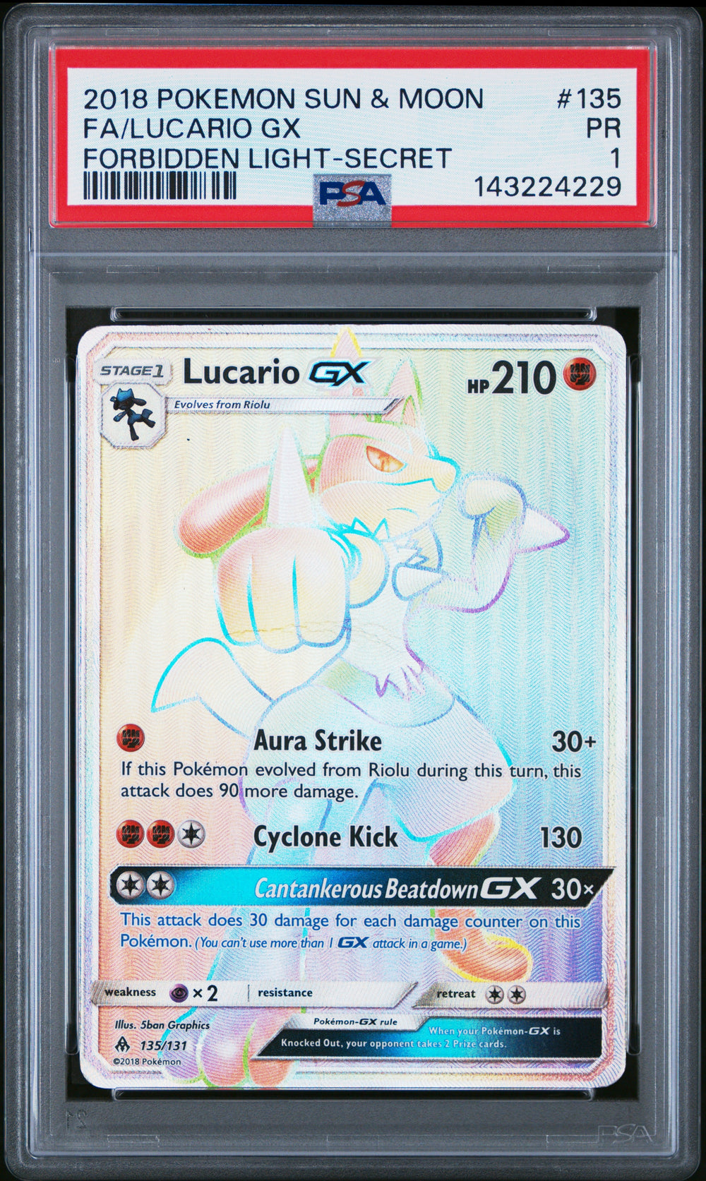 Lucario GX Secret PSA 1 2018 Pokemon Sun & Moon Forbidden Light #135 POP 2