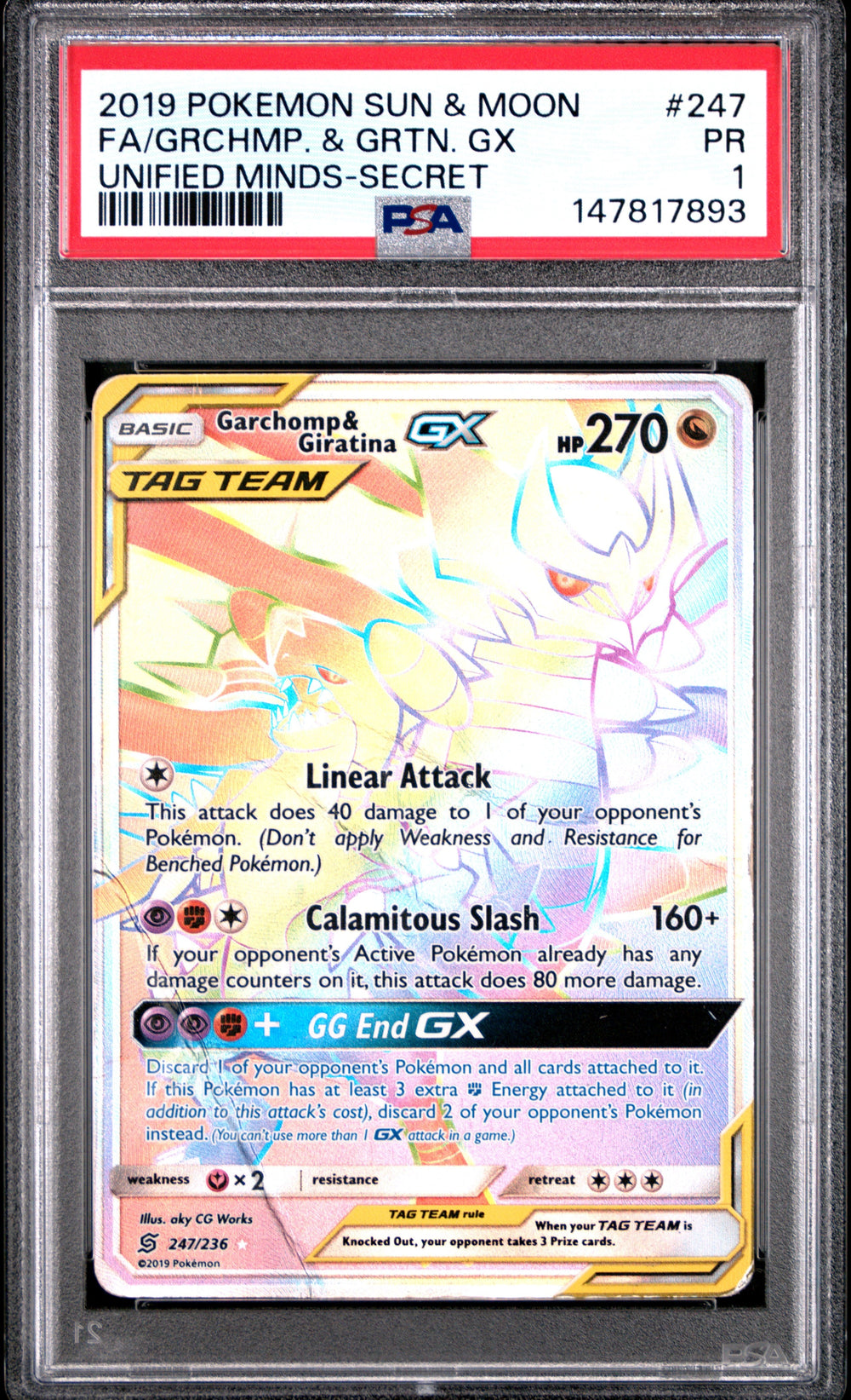 Garchomp & Giratina GX Full Art Secret PSA 1 Sun & Moon Unified Minds #247 POP 2
