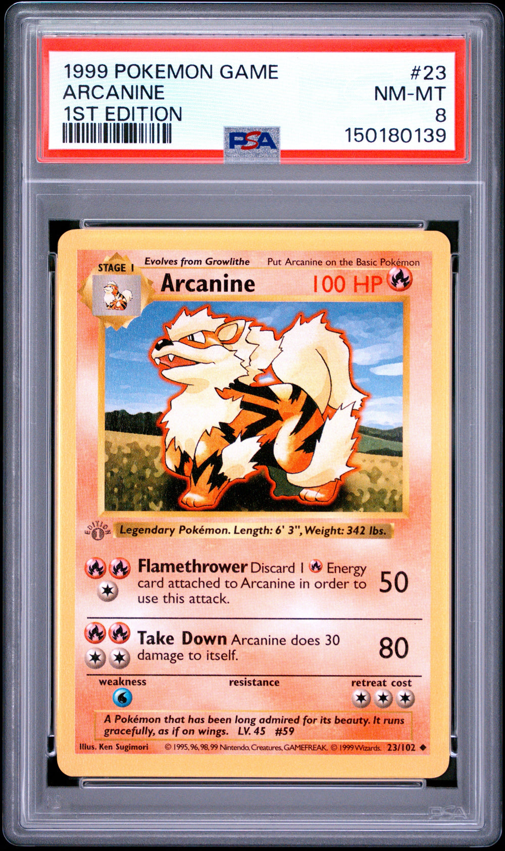 Arcanine 1st Edition PSA 8 1999 Pokemon Base Set Shadowless #23 GREY STAMP