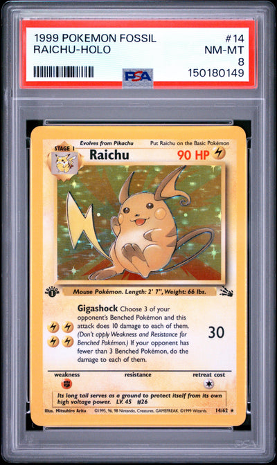Raichu Holo 1st Ed PSA 8 1999 Pokemon Fossil #14