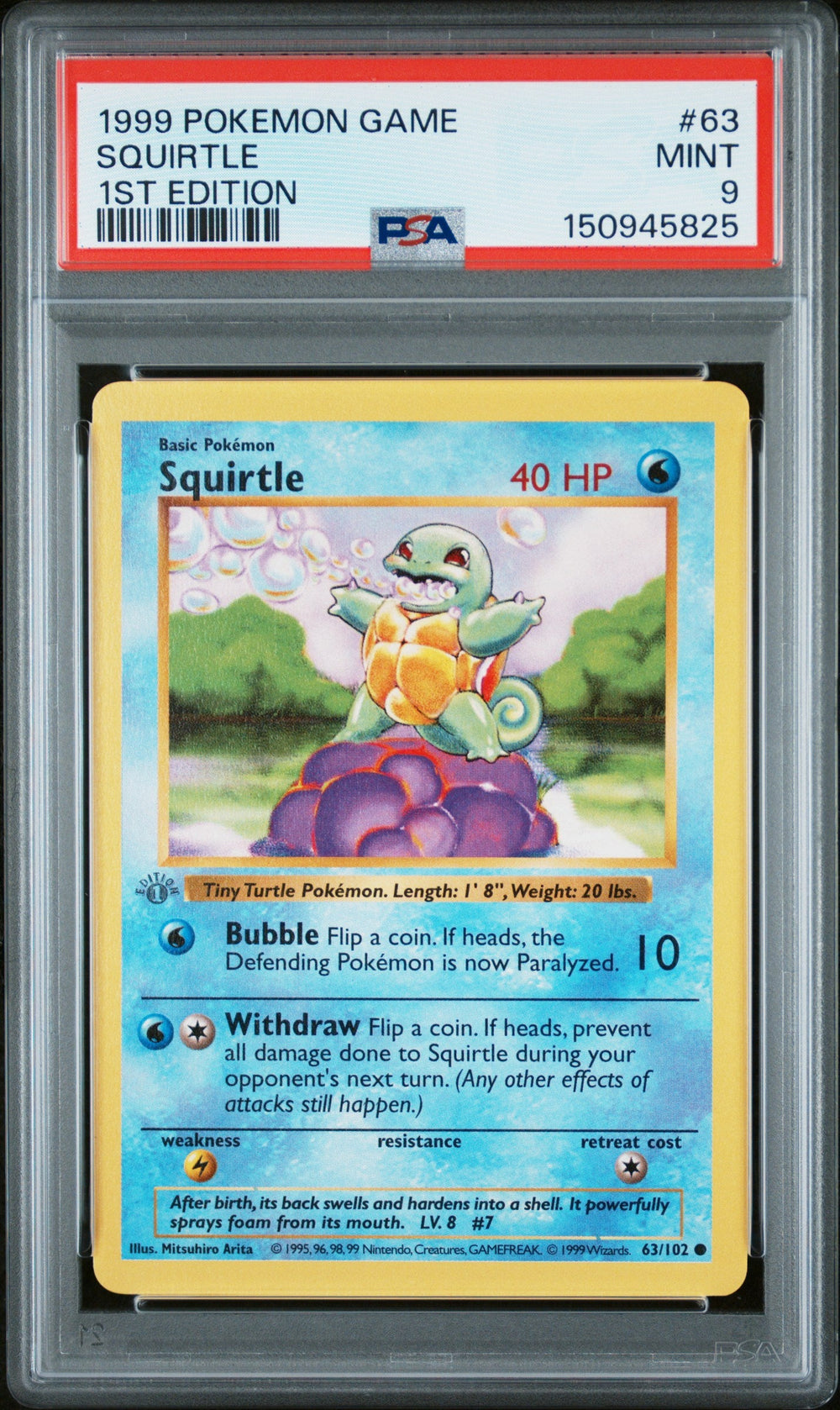 Squirtle 1st Edition PSA 9 1999 Pokemon Game #63 GREY STAMP