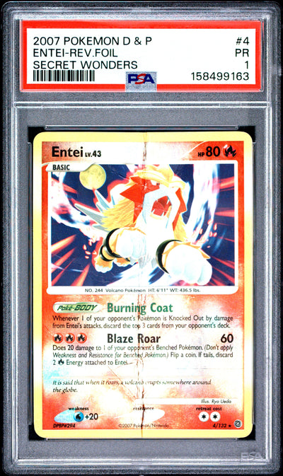 Entei Reverse Holo PSA 1 2007 Pokemon Diamond & Pearl Secret Wonders #4 POP 2