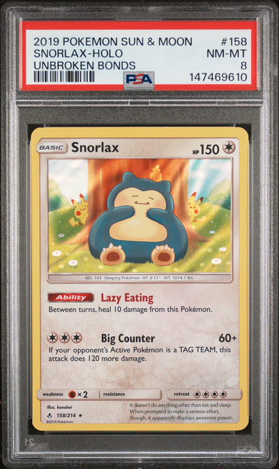 Snorlax Holo PSA 8 2019 Pokemon Sun & Moon Unbroken Bonds #158