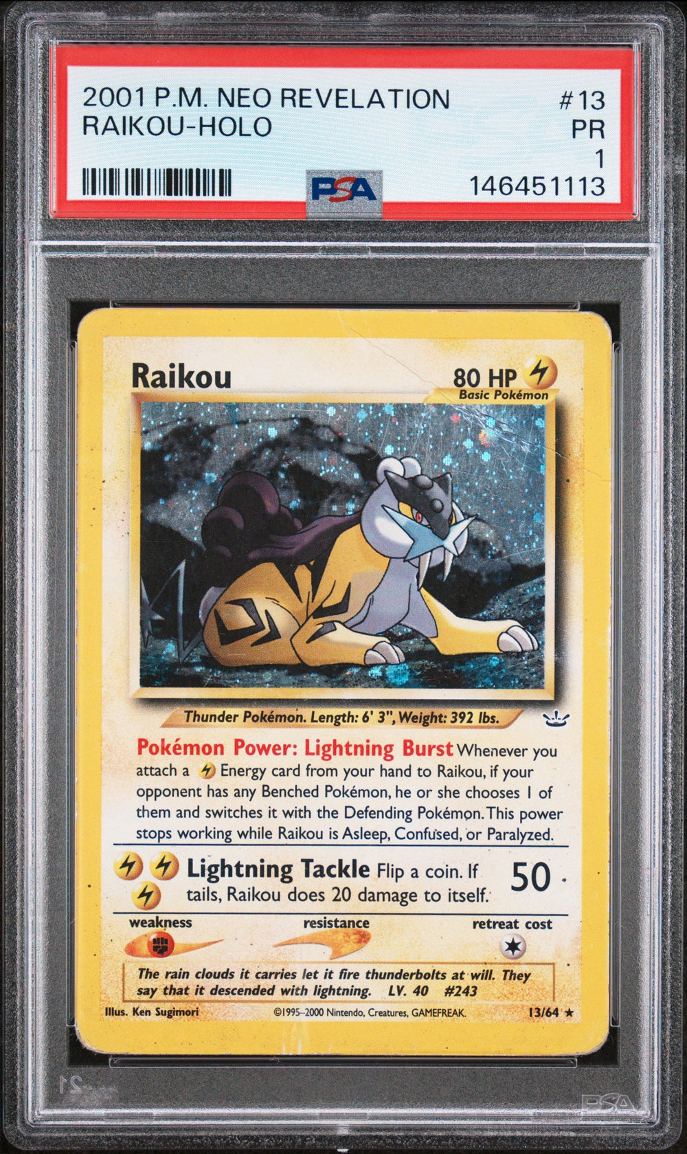 Raikou Holo PSA 1 2001 Pokemon Neo Revelation #13 LOW POP